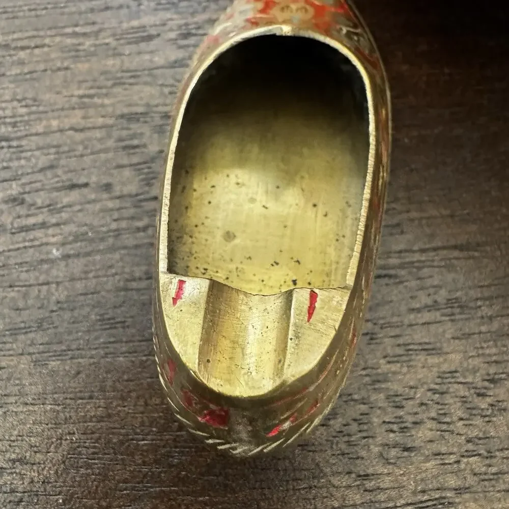 Vintage Brass Shoe Ashtray Hand Etched Red Slipper India Genie Aladdin